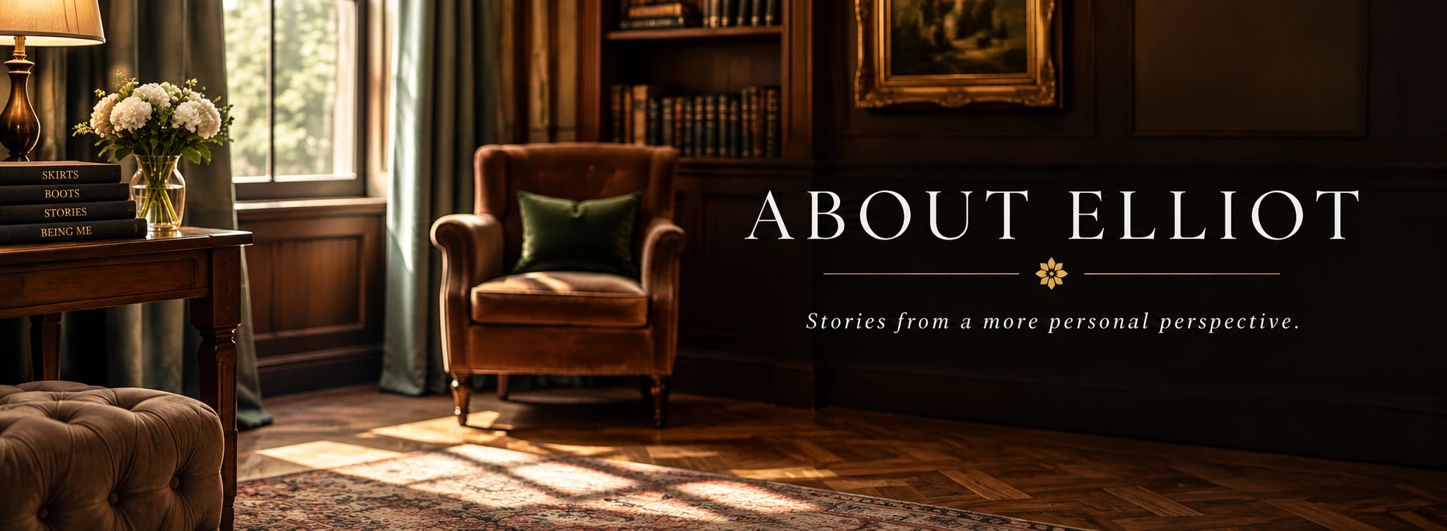 Warm, elegant library interior with a leather chair, flowers and books labelled Skirts, Boots, Stories and Being Me.
