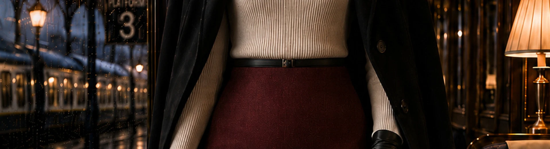 Cream ribbed polo neck, burgundy skirt and black coat in a rain-lit first-class train carriage.